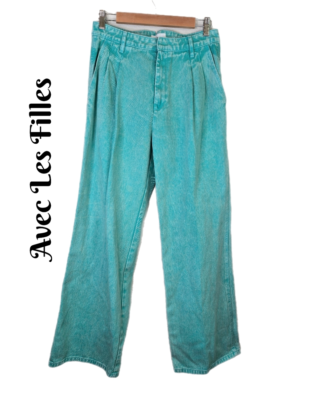Avec Les Filles Womens Jeans Size 28 High Waist Wide Leg Aloe Mist Pleated